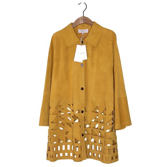 LAFAYETTE 148 NEW Clyde Laser Cut Suede Jacket Spiced Honey Yellow Women's XL - Picture 2 of 12